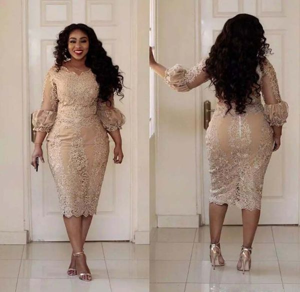 

2017 plus size cocktail dresses jewel neck applique 3/4 sleeve zipper tea length prom dress fashion champagne pretty woman party dress, Black