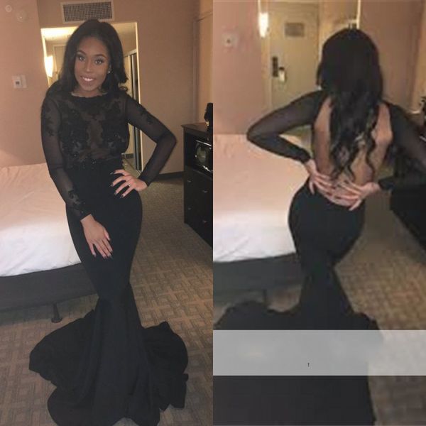 

designer fashion crew neck mermaid long sleeves black evening dresses backless custom made prom gowns