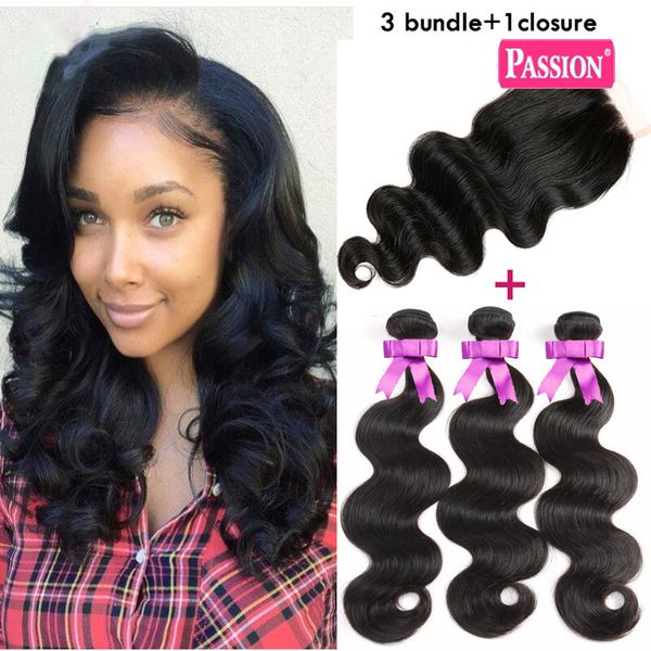 

brazilian body wave with closure 3 bundles unprocessed virgin brazilian hair with closure tissage bresilienne avec closure wth bundles, Black