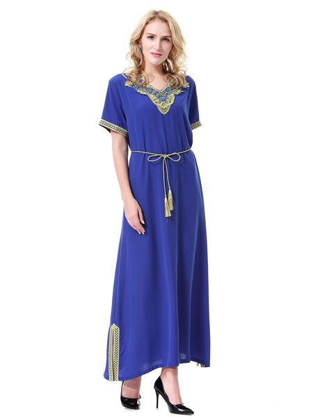 

new muslim women short sleeve kaftan dress embroidery islamic evening party dress kaftan dress long robe, White;black