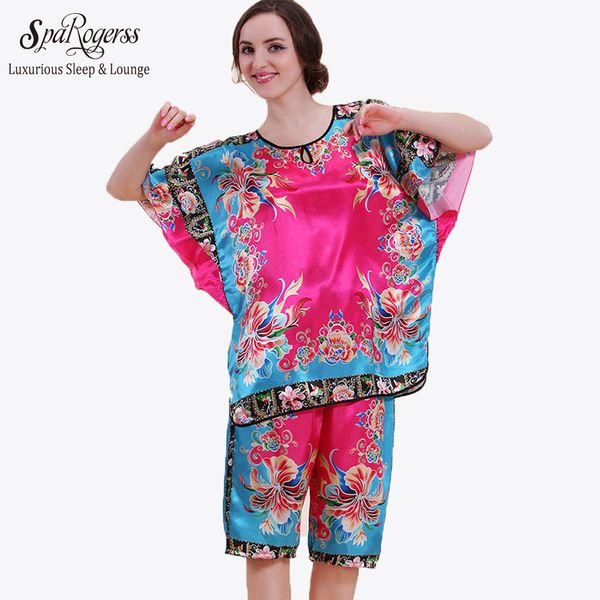 

wholesale- sale women pajamas 2017 summer satin pyjamas for women sleep lounge pijama pants sets fashion 2 piece pajama set 10217, Black;red