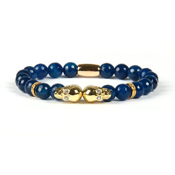 Modeschmuck Großhandel 8 mm facettierte blaue und schwarze Achat-Stein-Mikropflaster-Doppelschädel-Perlenarmbänder für Männer