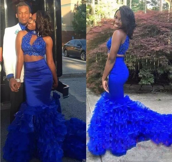 

royal blue two pieces dresses party evening wear high neck beads lace layered mermaid prom dress long zipper back homecoming dress, Black