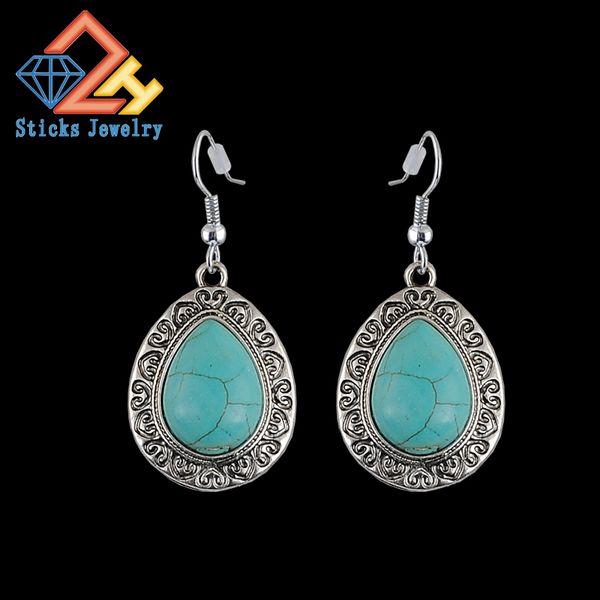 

vintage glamour water-shaped alloy engraved pattern turquoise retro earrings, Silver