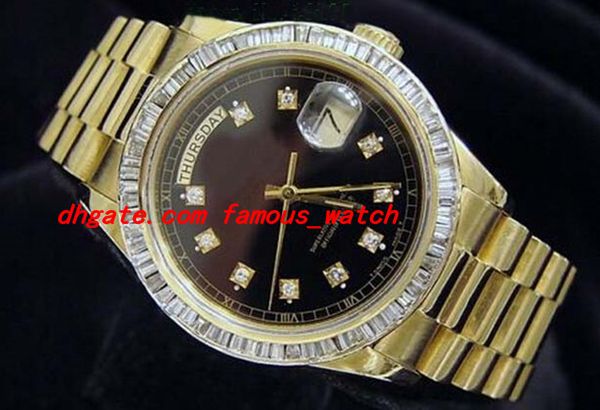 

luxury watches wristwatch 18k yellow gold watch black diamond bezel 18038 watch automatic mens men's watch, Slivery;brown