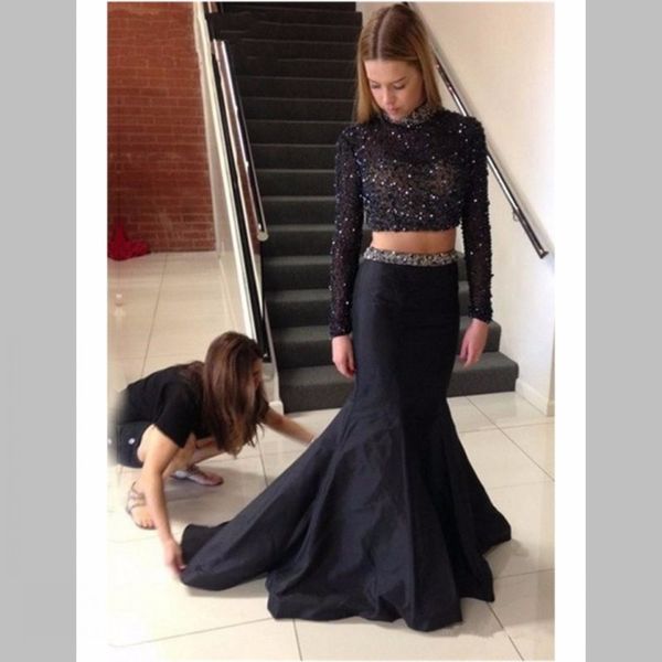 

high collar two piece prom dresses mermaid full sleeve winter style beaded custom made long formal gowns special occasion vestidos hollow, Black
