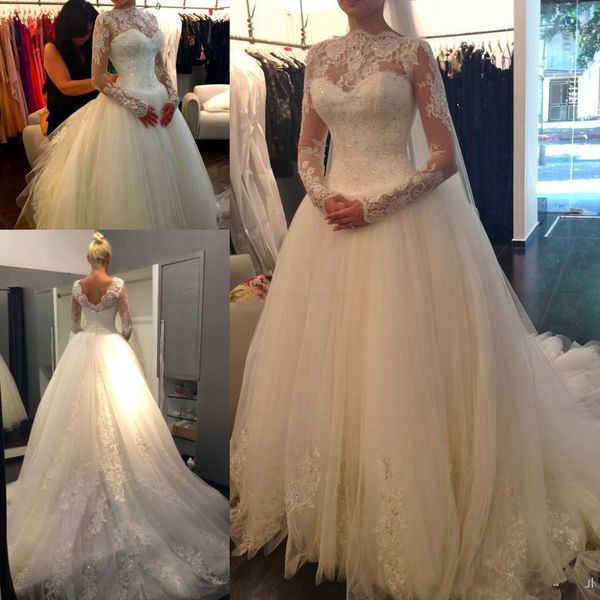 

2017 New Sexy Sheer Lace Applique A-Line Wedding Dresses Long Sleeves Backless High Neck Tulle Beaded Court Train Bridal Gowns, White