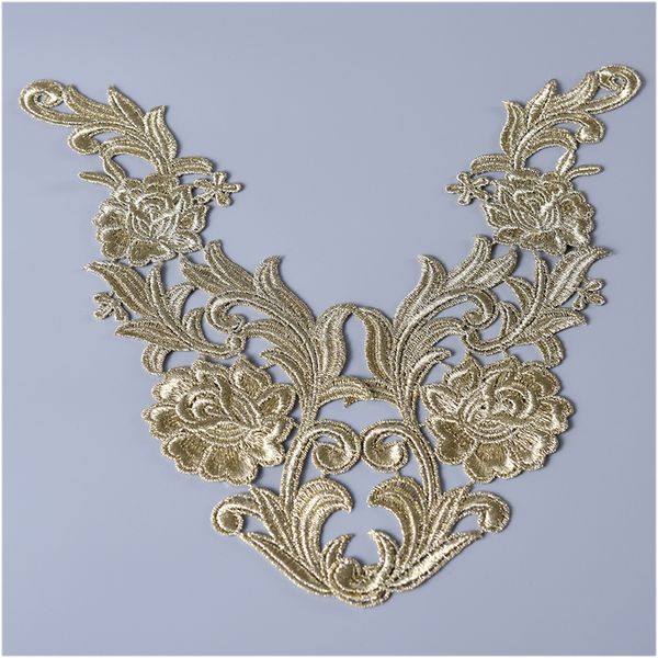 

a pair of golden silver metal thread embroidery lace flower applique fabric sewing costumes lace patch5653999, Black;red