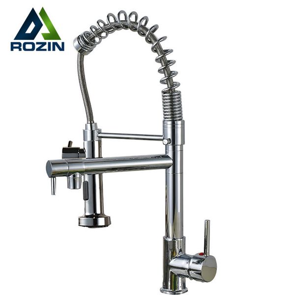 

wholesale- polished chrome spring pull down kitchen sink faucet single handle & cold water kitchen mixer tap with dual spout
