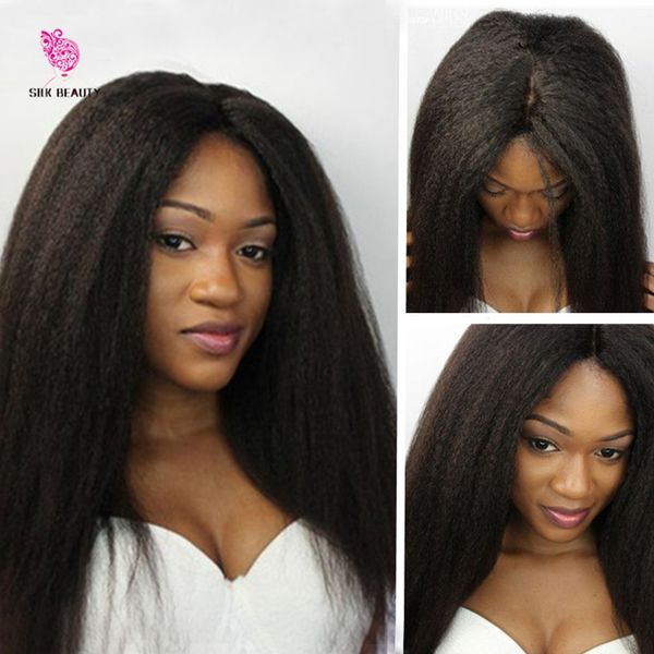

peruvian virgin hair coarse yaki 130 density full lace human hair wig kinky straight lace front human hair wigs for black women, Black;brown