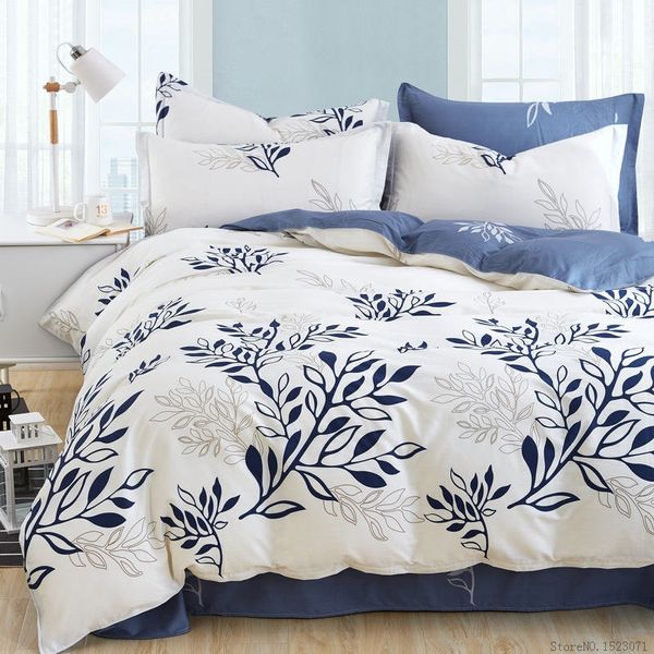 Venda por atacado - Azul folha de oliva imprimir roupa de cama set listrado xadrez conjuntos de cama boêmio colcha floral roupas de cama estilo moderno capa de edredão