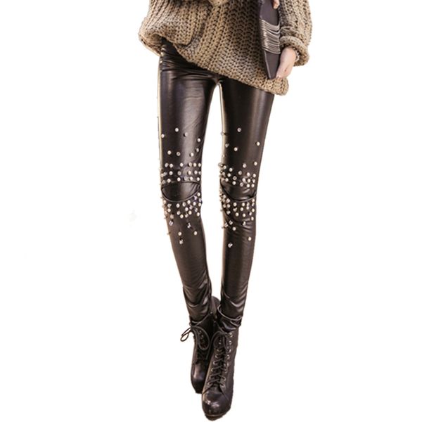 All'ingrosso- Pantaloni da donna in ecopelle skinny slim da donna Pantaloni con strass perlati Punk sexy 904-246