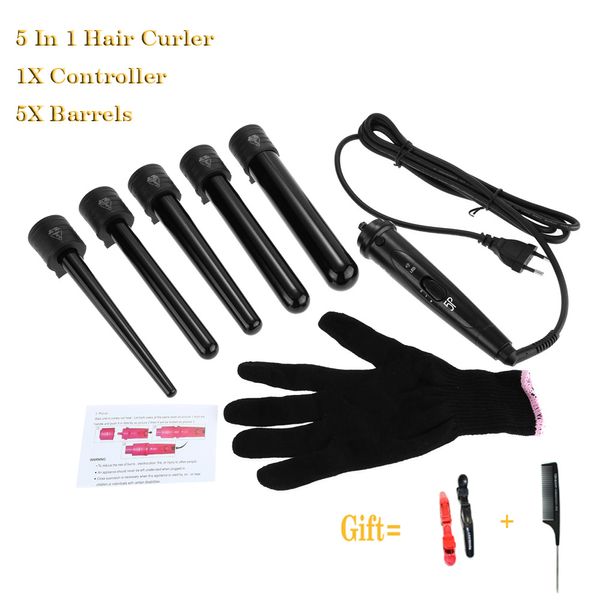 Pro 5 Pcs Kit Barrals Cerâmica Turmalina Cone Curling Iron Wand 5-em-1 Onda Ferramentas de Estilo de Cabelo Elétrica Monofuncional Curlers