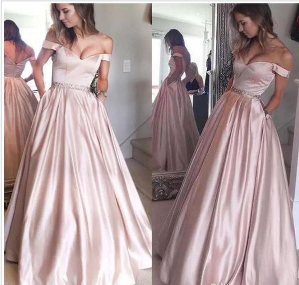 

2017 fashion off the shoulder long satin prom dresses with pockets beaded sash a line floor length formal evening celebrity gowns, Black