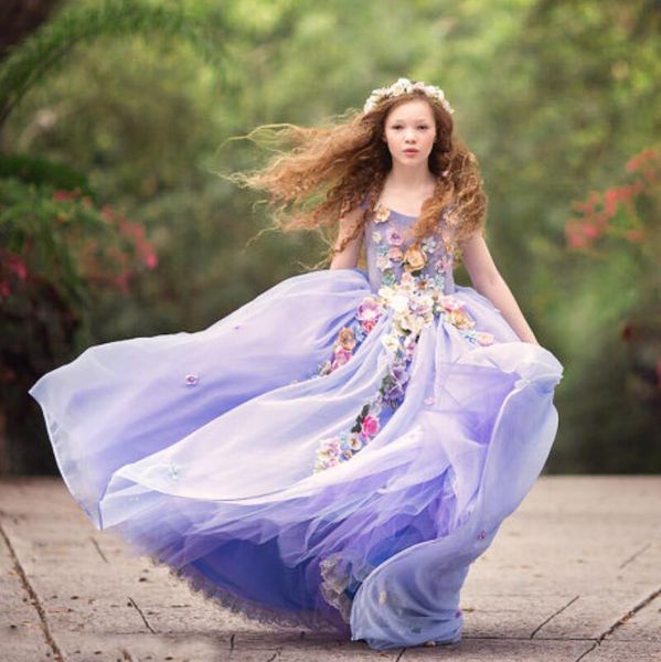

pale purple flower girls dress for weddings off shoulder colorful 3d hand made flowers girls pageant dresses 2017 new arrival birthday dress, White;blue
