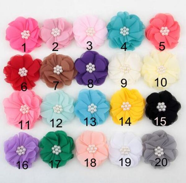 

18pcs pearl rhinestone chiffon flowers little girls hair accessories diy flower bouquet flowers decorations no hair clips yh503, Slivery;white