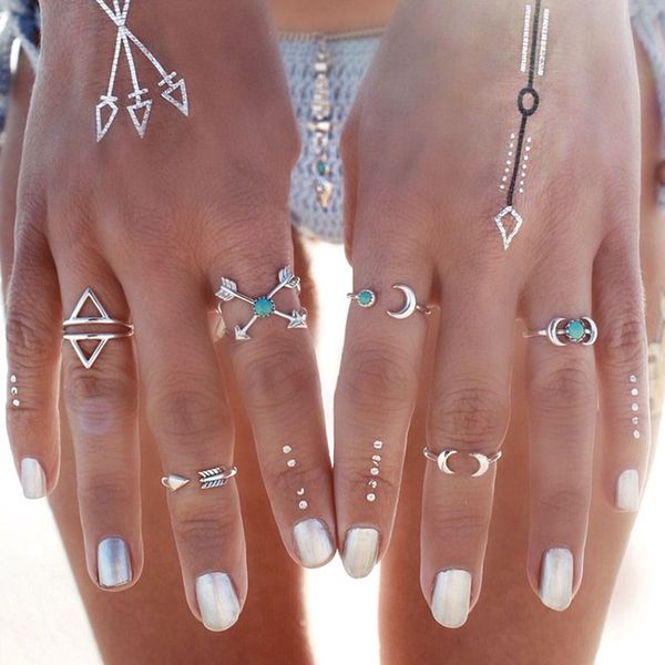 Мода свободный камень луна стрелка совместное кольцо 6 шт. Комбинированные пакеты сплав кольцо женщины серебряные обручальные кольца ювелирные изделия оптом