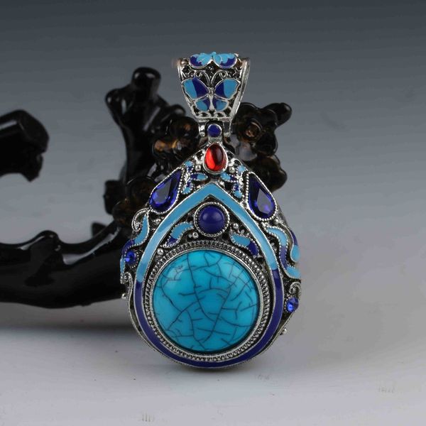 

Exquisite Tibet Silver Inlaid Turquoise & Zircon Handwork Pear Shape Pendant
