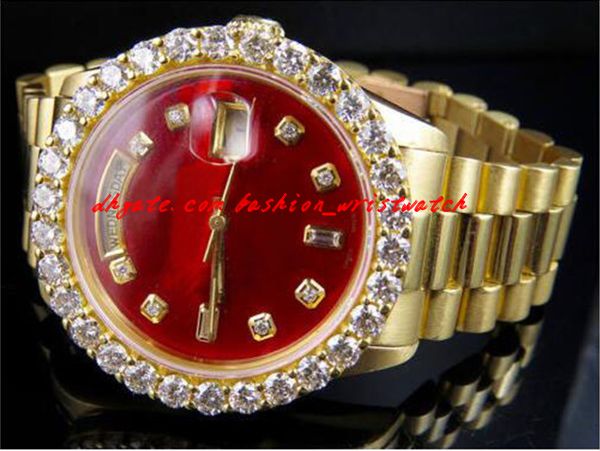 

with box 18k mens watchs yellow gold 36mm red dial bigger diamond watch 5.5ct automatic mechanical men watches new arrival, Slivery;brown