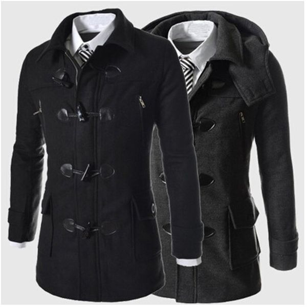 

wholesale- winter men fashion horn buttons hooded woolen long coat blends men casual warm handsome woolen long coat blends, Black