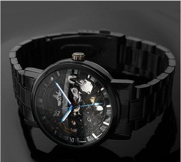 

Мода Победитель Все Черный Полый Стальной Ремень Автоматические Механические Ча