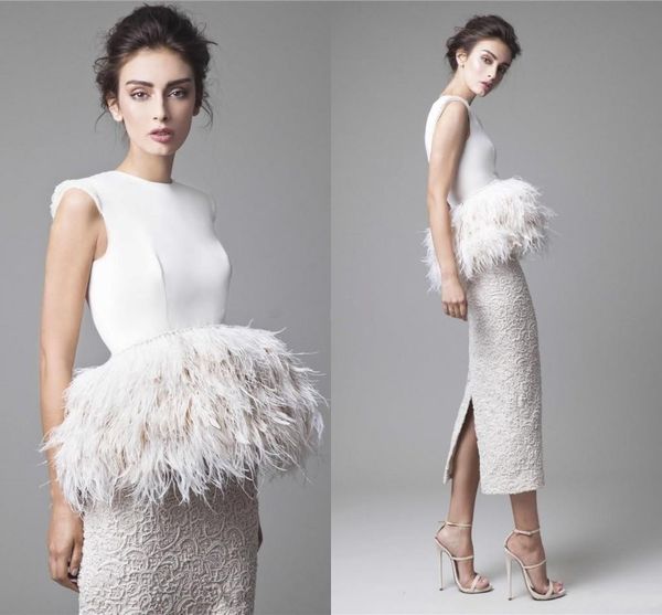 

2017 elegant krikor jabotian evening dresses white ivory lace satin feather peplum sheath tea length short prom dresses for party split back, Black