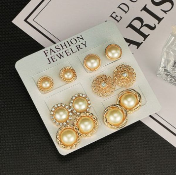 

fashion stud earring sets( 6 pairs each sets) fresh water pearl gold tone geometric rhinestone decorated ear studs, Golden;silver