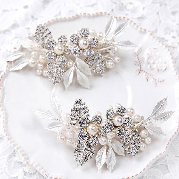 

beijia Rhinestone Flower Bridal Hair Comb Clip Silver Tiara Handmade Leaf Crystal Wedding Party Headpiece