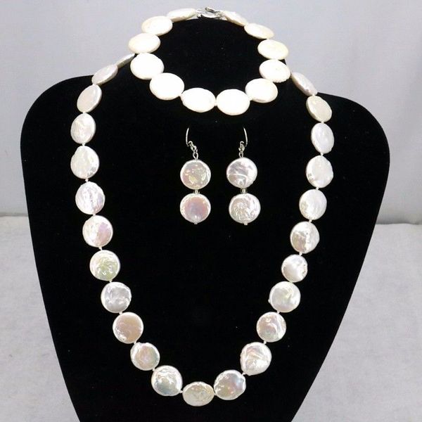Münzförmige Halskette mit weißen Perlen, 15 mm, 18-Zoll-Armband und 7,5-Zoll-Ohrring-Schmuckset