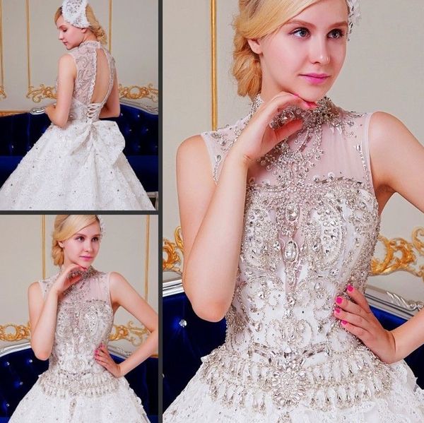 

luxury crystal ball gown wedding dresses lace sheer high neck tulle chapel train vintage backless beaded bridal gowns with bow real, White