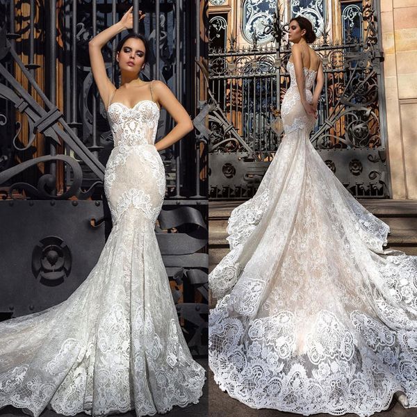

lace mermaid wedding dresses spaghetti straps trumpet appliqued bridal gowns court train tulle country wedding dress, White
