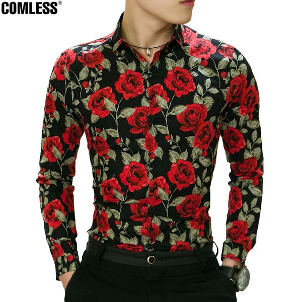 

wholesale- camisa masculina 2017 new spring flower printed shirt men long sleeve slim casual mens shirts chemise homme brand clothing xxxl, White;black