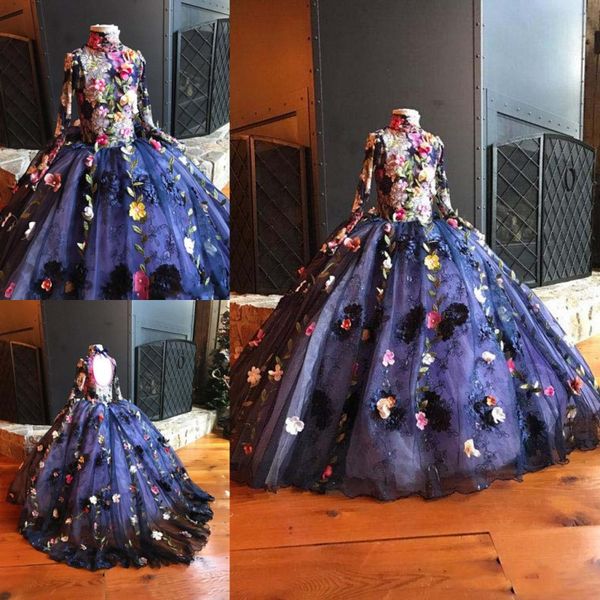 

colorful handmade flower appliques girls pageant gowns 2017 high neck long sleeves navy blue ball gown flower girl dresses for wedding, White;blue