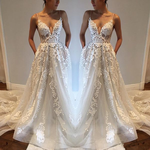 

spaghetti strap wedding dresses backless detachable train a-line applique boho organza bridal gowns vestidos de noiva 2019 w690, White