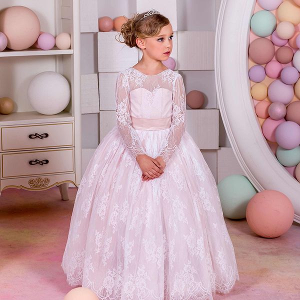 

brand new flower girl dresses with long sleeves lace communion party pageant dress for little girls kids/child dress for wedding, White;blue