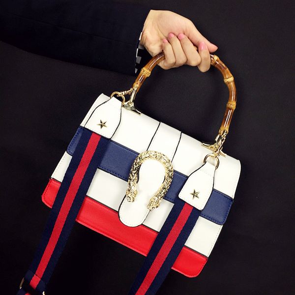 

wholesale- brand 2016 white women messenger bags blue red navy stripes pu leather flap handbag