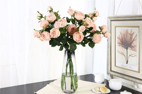 Luxo 3 Flores Cabeças de Chá Rosa DIY Flores Bouquet Artificial Real Toque Flores Em Casa E Festa de Casamento Decoração 12 pcs / Lotes