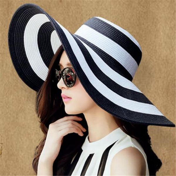 

summer women beachwear sun hat striped straw hat church floppy big brim beach bucket hat korea style, Blue;gray