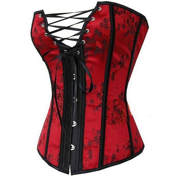 

overbust cosplay corset steampunk women bustier basque lingerie vintage lace-up flower print red shapewear s-6xl nelqk