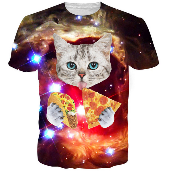 

new fashion mens/womans lovely kitten cat eat pizza funny hipster summer style tees 3d print casual t-shirt plus size, White;black