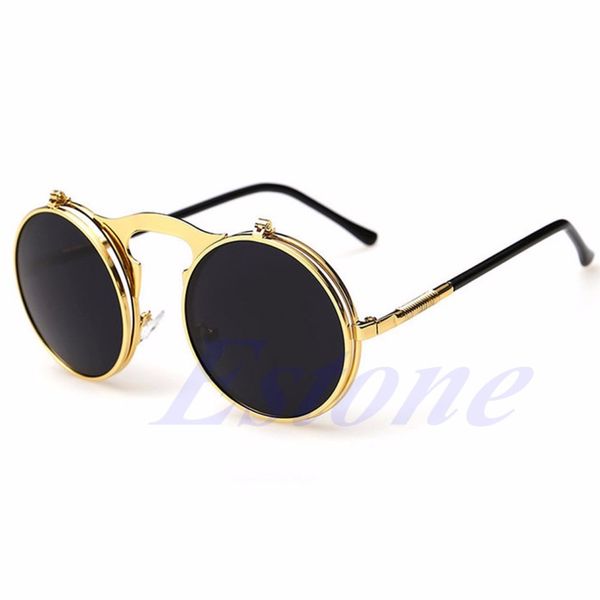 

wholesale-[lvding] women men vintage gothic round flip up uv400 circle sunglasses glasses, White;black
