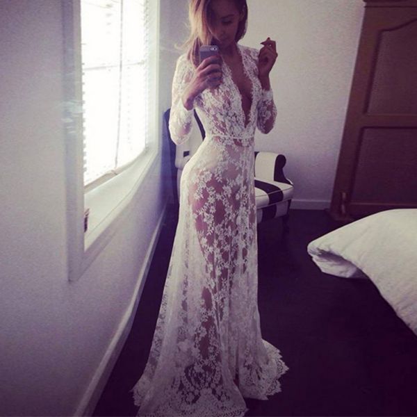 

wholesale- summer women lace wj fashion asymmetrical patchwork dress hollow out long sleeve v neck lace maxi dresses, White;black