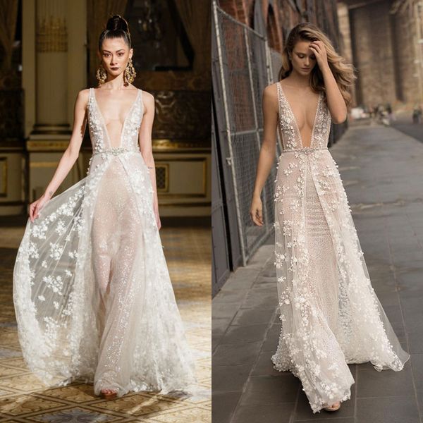 

luxury 2017 beach overskirts wedding dresses plunging neckline 3d-floral appliques sequin bridal gowns crystal bling bling wedding dress, White