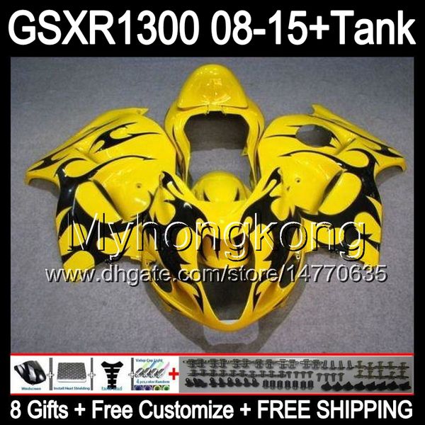 8gifts Para SUZUKI Hayabusa GSXR1300 2008 2009 2010 2011 chamas pretas 14MY54 GSXR-1300 GSX R1300 GSXR 1300 2012 2013 2014 2015 Carenagem amarela