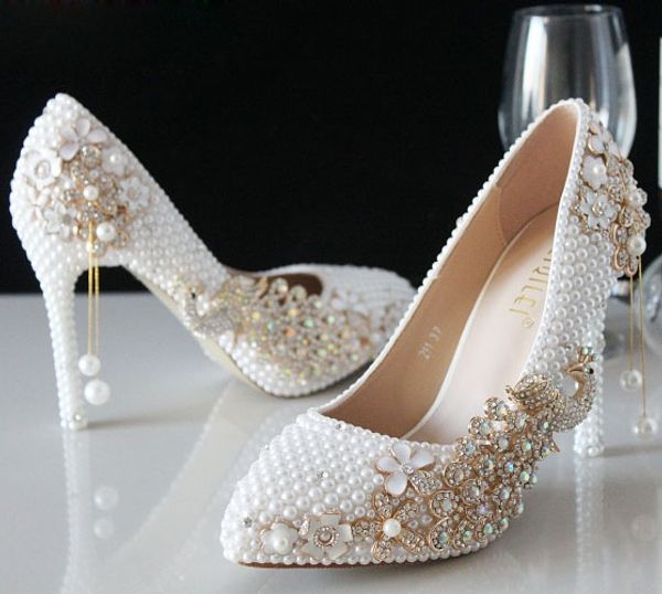 

luxury pearls ivory wedding shoes for bride crystals prom high heels clover rhinestones plus size pointed toe bridal shoes, Black