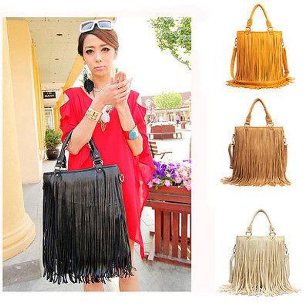 

lady cute hobo pu leather shoulder tote bag handbag fringe tassel purse