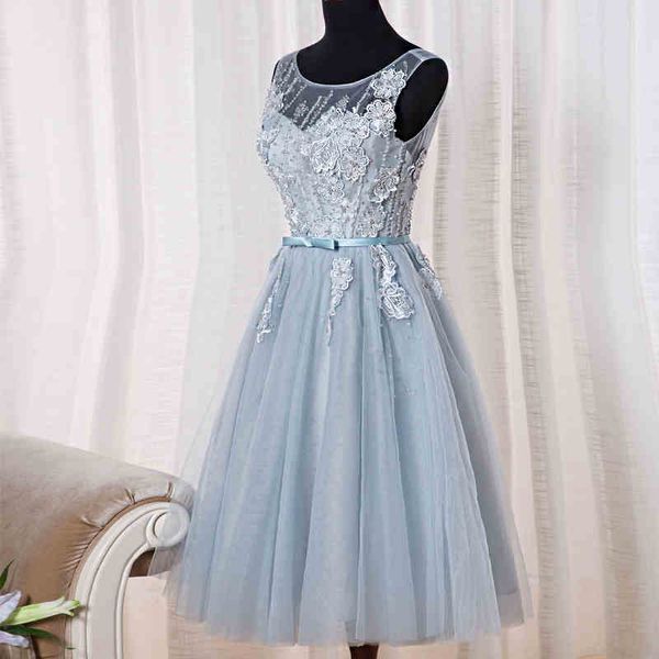 

gray blue prom dresses tea-length pleats tulle with floral applique beads real pictures party dresses l&p dql studio, Black