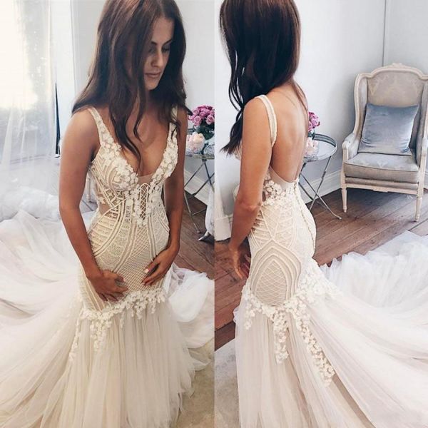 

mermaid wedding dresses backless 2017 v neck bridal gown sweep train lace country wedding dress, White