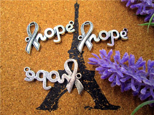 

36pcs--hope charms, antique tibetan silver cancer ribbon hope charm connectors 38x23mm, Bronze;silver