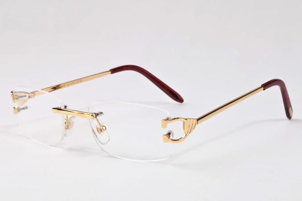 

2019 new fashion brand rimless clear glasses men women sunglasses gold silver metal frame buffalo horn sunglass with box, White;black